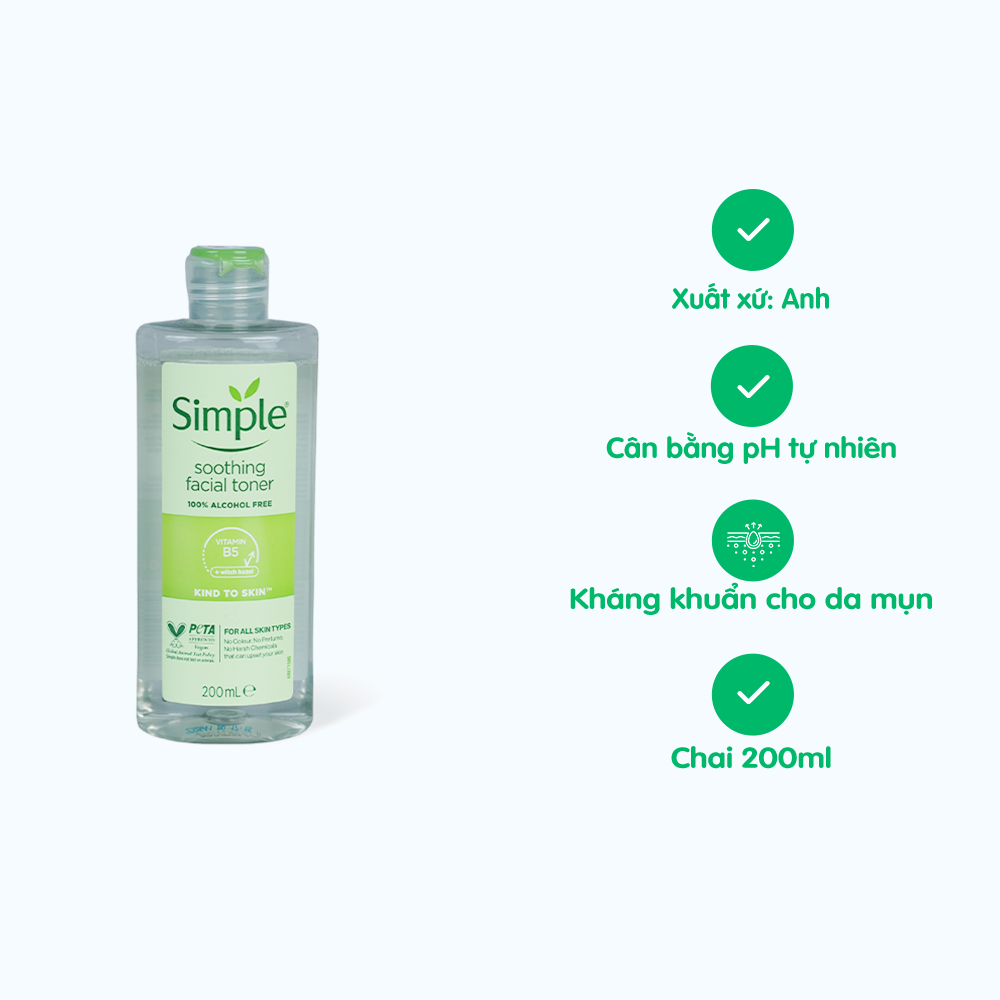 Nước Hoa Hồng SIMPLE Soothing Facial Giúp Dưỡng Ẩm Da (Chai 200ml)