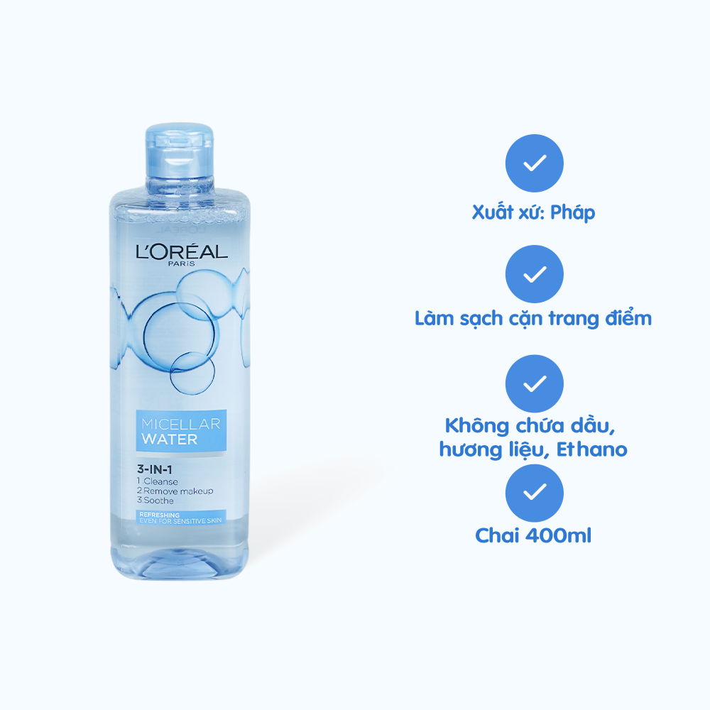 Nước Tẩy Trang L'OREAL Micellar Water 3-in-1 Refreshing Even For Sensitive Skin Tươi Mát Cho Da Dầu, Hỗn Hợp (Chai 400ml)